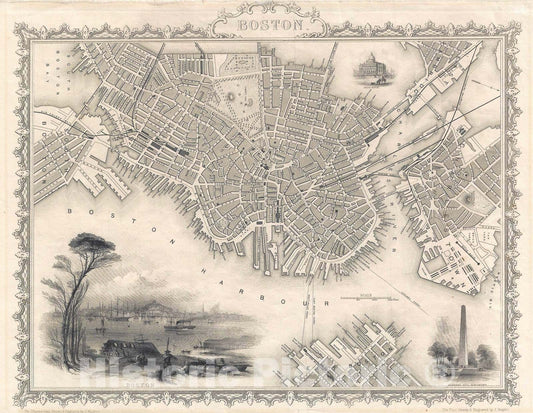 Historic Map : Boston, Massachusetts, John Tallis, 1851, Vintage Wall Art