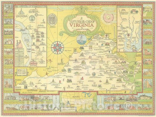 Historic Map : Pictorial Map of Historical Virginia, Charles W. Smith, 1930, Vintage Wall Art