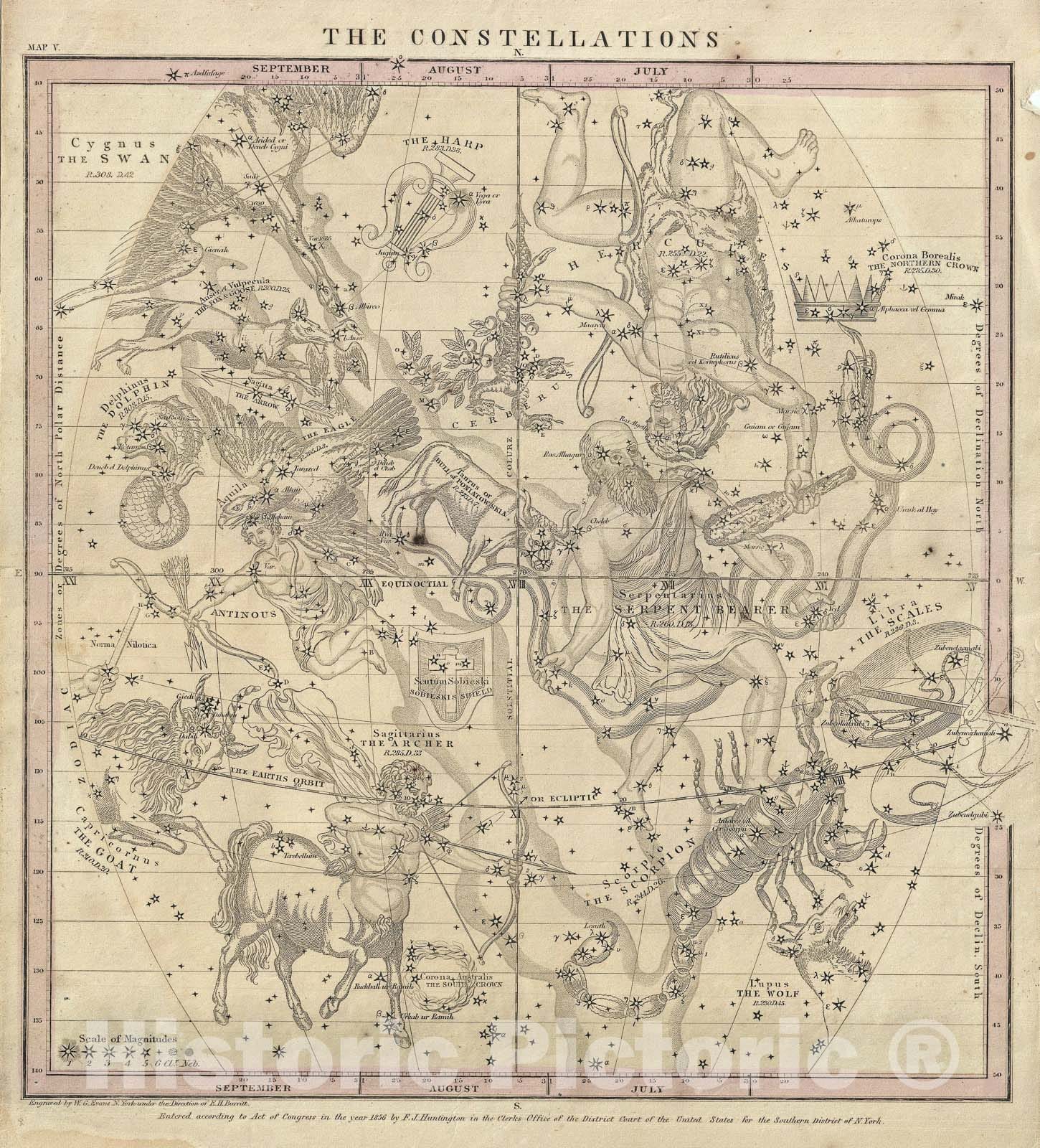 Historic Map : The Constellations or Stars in July, August &amp; September, Burritt - Huntington, 1856, Vintage Wall Art