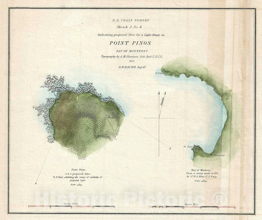 Historic Map : Nautical Chart Point Pinos, Monterey Bay, California, U.S. Coast Survey, 1851, Vintage Wall Art