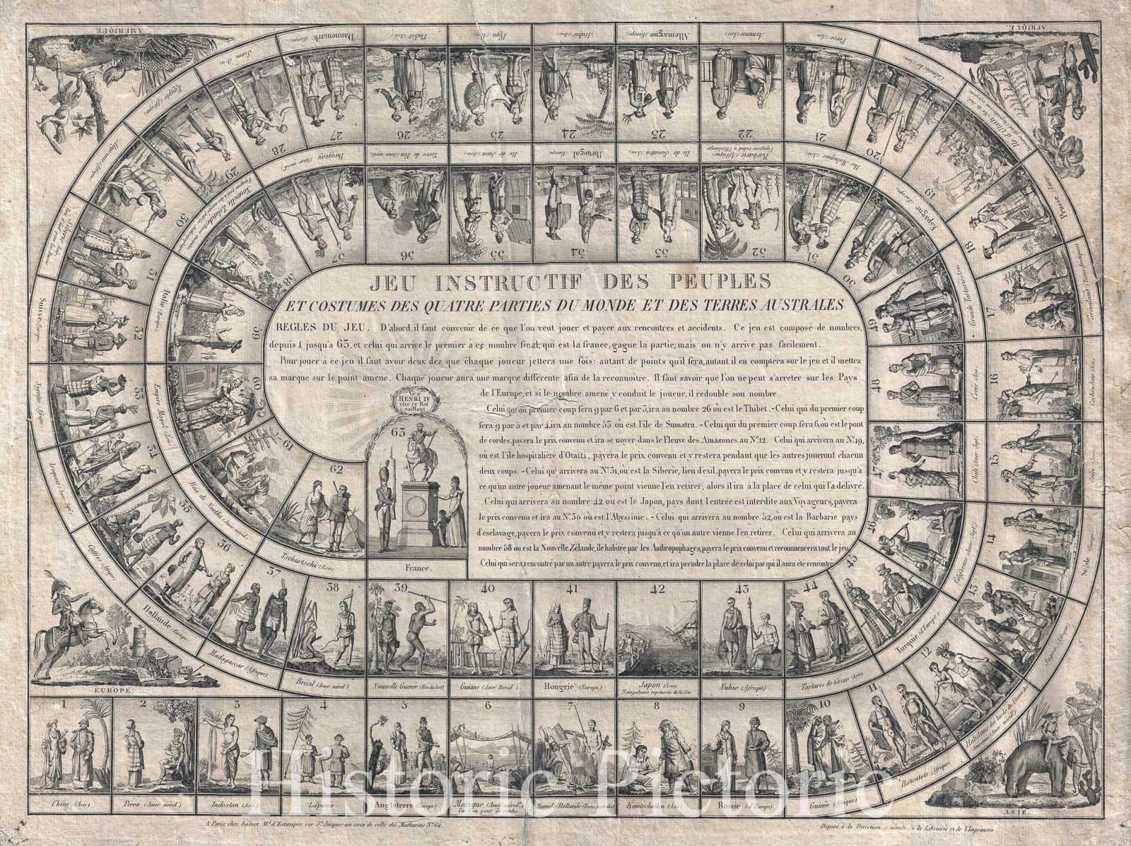 Historic Map : Basset Jeux de L'Oie or Around The World Board Game, 1815, Vintage Wall Art