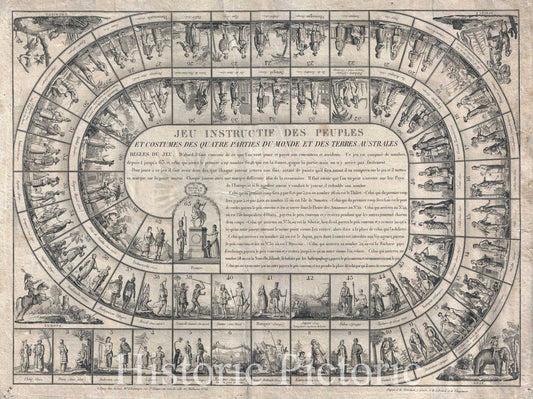 Historic Map : Basset Jeux de L'Oie or Around The World Board Game, 1815, Vintage Wall Art