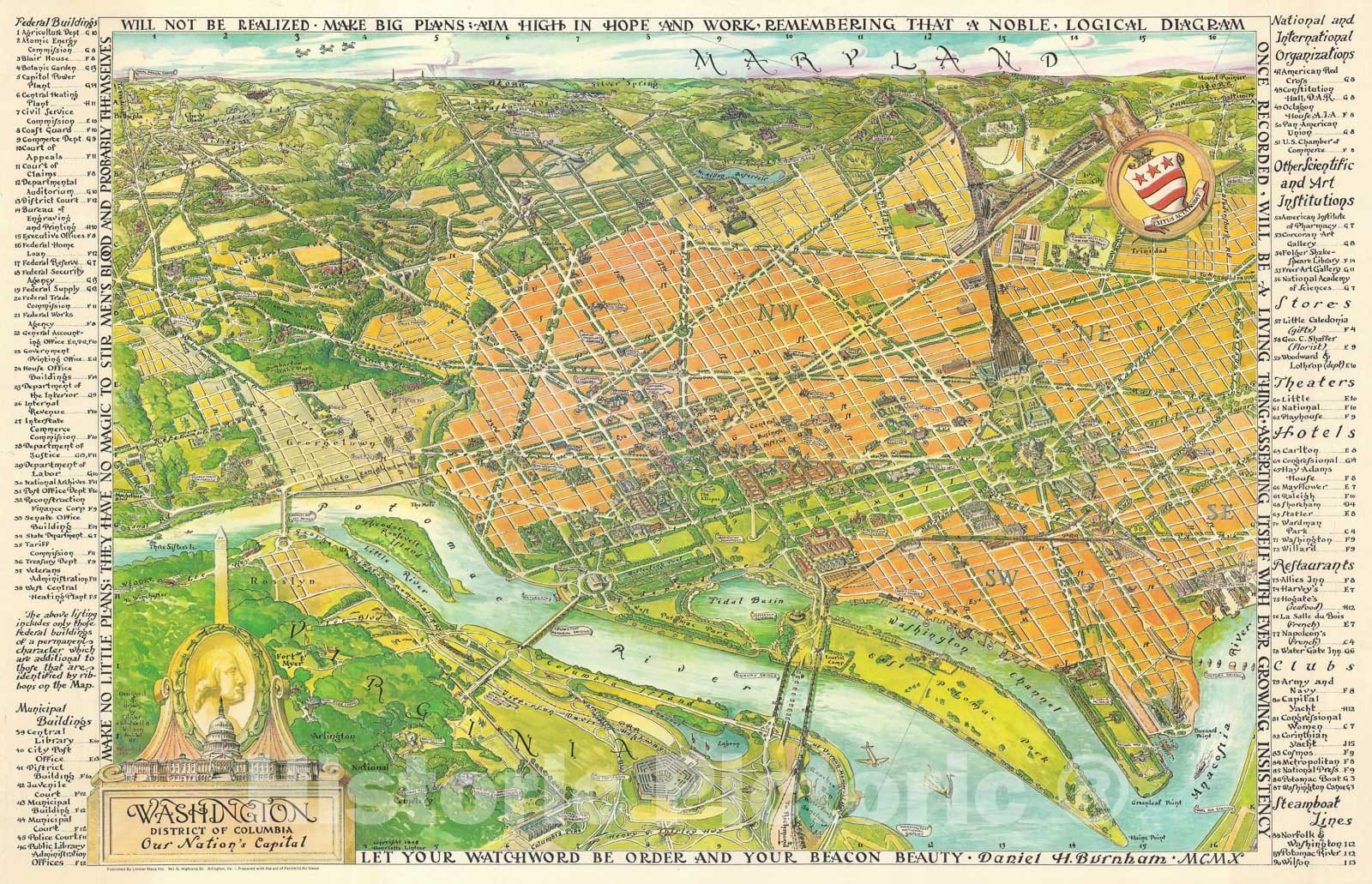 Historic Map : Bird's Eye View Washington, D.C., Wilson, 1949, Vintage Wall Art