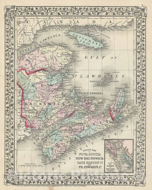 Historic Map : New Brunswick and Nova Scotia, Canada, Mitchell, 1877, Vintage Wall Art