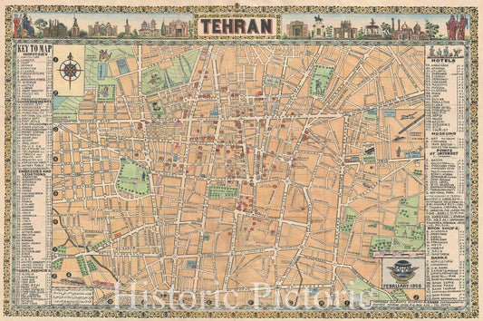 Historic Map : Sahab Pictorial Map of Tehran, Iran, 1958, Vintage Wall Art
