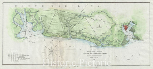 Historic Map : The North and South Edisto Rivers, South Carolina "Charleston", U.S. Coast Survey, 1852, Vintage Wall Art