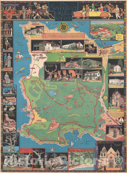 Historic Map : Monterey Peninsula - Seventeen Mile Drive!, Jo Mora, 1927, Vintage Wall Art