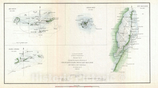 Historic Map : Key West, Biscayne Bay, and The Cedar Keys, U.S. Coast Survey, 1852, Vintage Wall Art