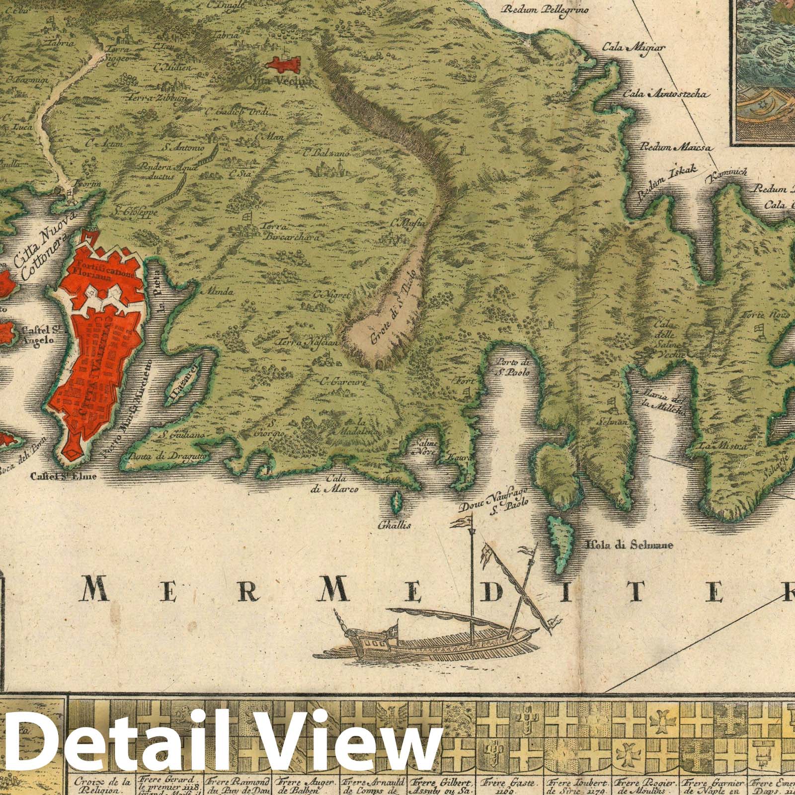 Historic Map : Malta and Gozo / with crests, Seutter, 1730, Vintage Wall Art
