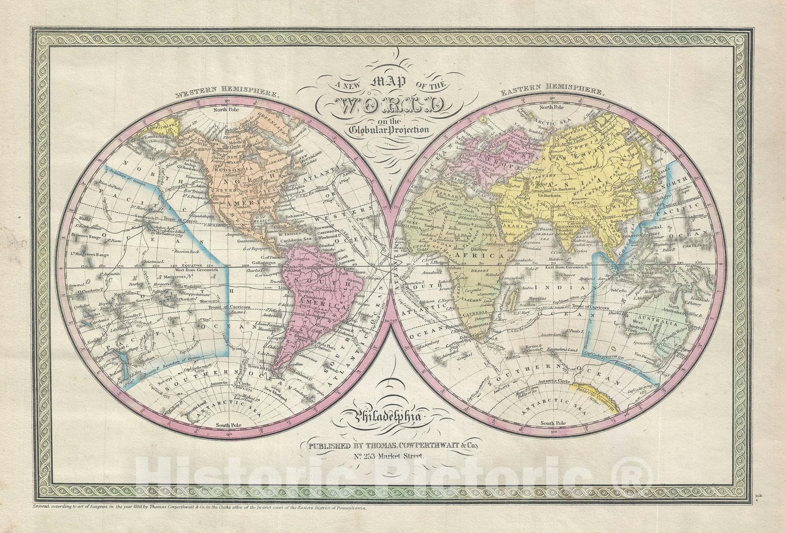 Historic Map : The World in Hemispheres, Mitchell - Cowperthwait, 1850, Vintage Wall Art