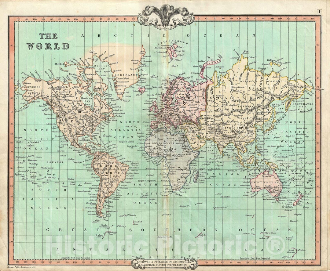 Historic Map : The World, Cruchley, 1850, Vintage Wall Art