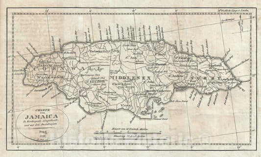 Historic Map : Jamaica "West Indies", Franz Pluth, 1822, Vintage Wall Art