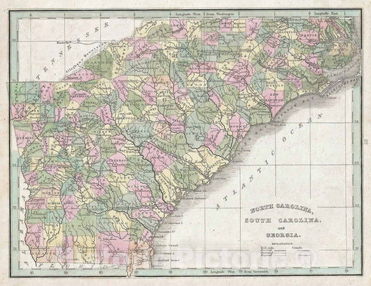 Historic Map : North Carolina, South Carolina and Georgia, BraArtd, 1835, Vintage Wall Art