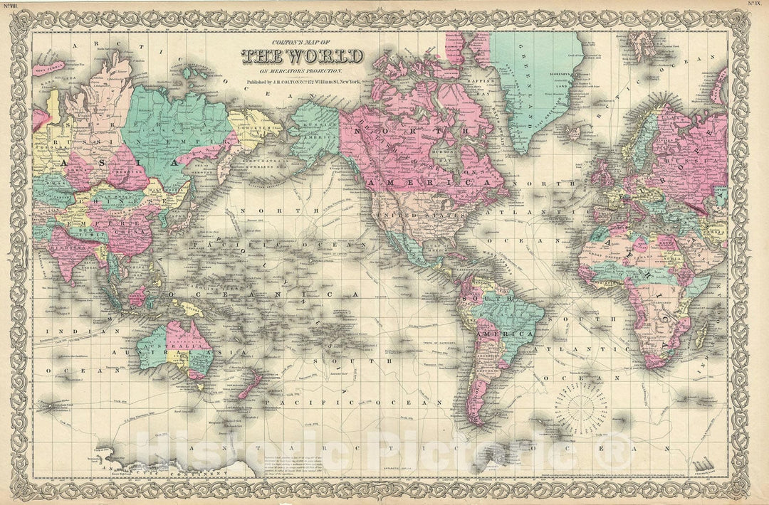 Historic Map : The World on Mercator's Projection, Colton, 1855, Vintage Wall Art
