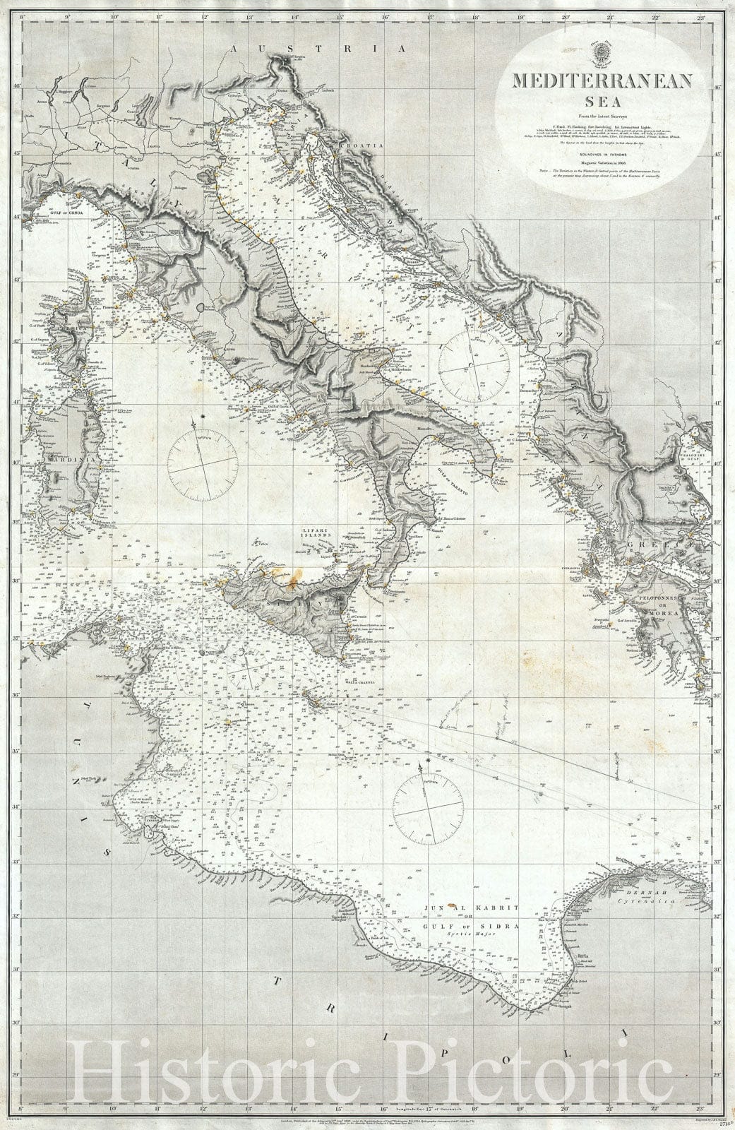 Historic Map : Nautical Chart The Mediterranean Sea "Italy, Corsica, Greece, Tunisia", British Admiralty, 1868, Vintage Wall Art