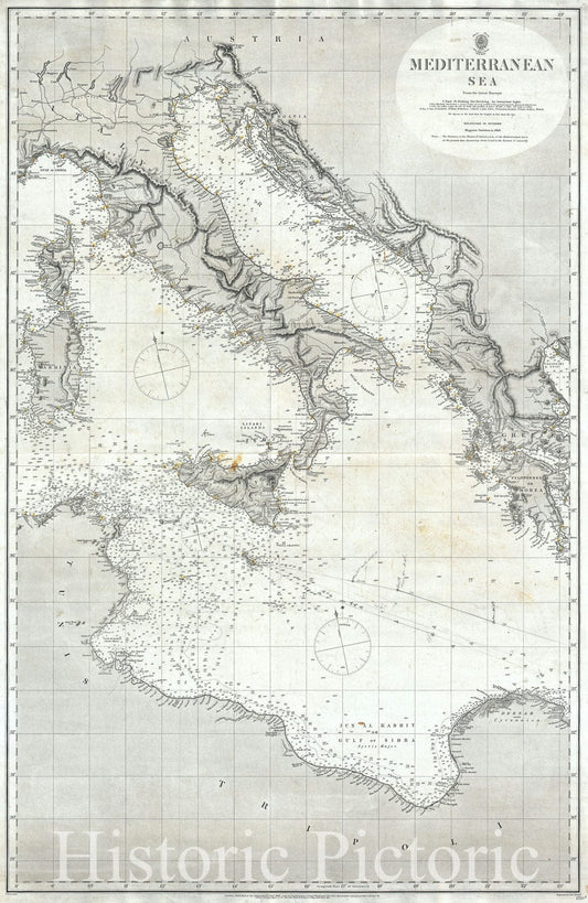 Historic Map : Nautical Chart The Mediterranean Sea "Italy, Corsica, Greece, Tunisia", British Admiralty, 1868, Vintage Wall Art