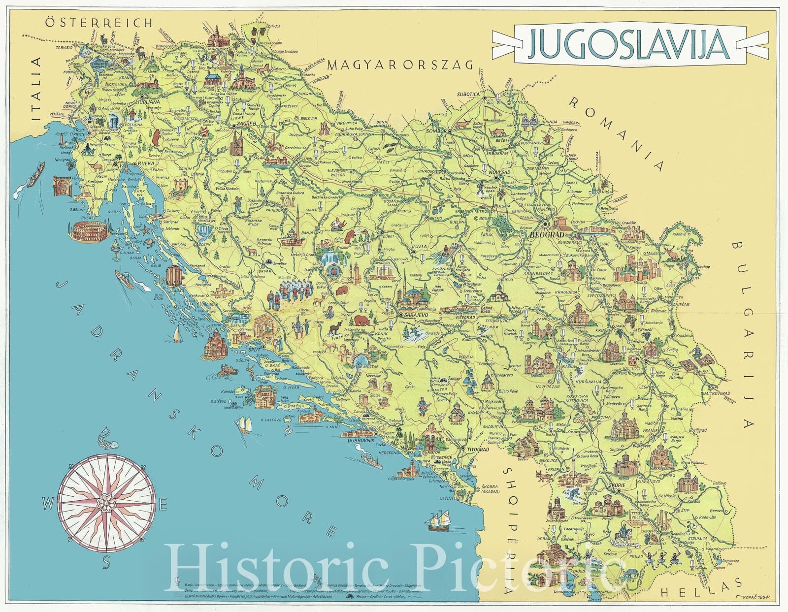 Historic Map : Pictorial Map of Yugoslavia, Kopac, 1954, Vintage Wall Art