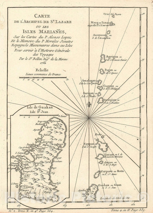Historic Map : Mariana Island "Guam and Tinian", Bellin, 1752, Vintage Wall Art
