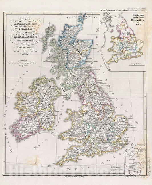 Historic Map : The British Isles with ecclesiastical divisions, Spruner, 1854, Vintage Wall Art