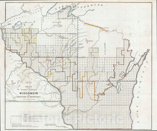 Historic Map : Sargent Public Survey Map of Wisconsin, 1852, Vintage Wall Art