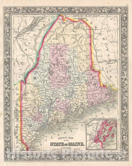 Historic Map : Maine, Mitchell, 1861, Vintage Wall Art