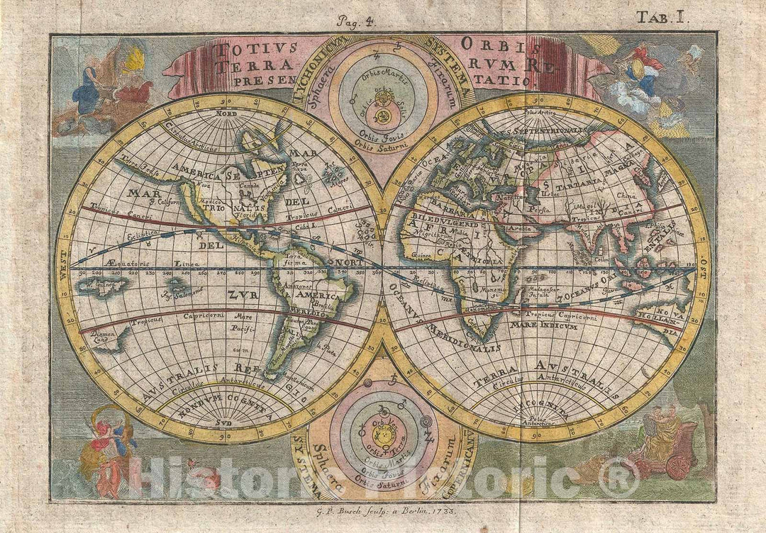 Historic Map : The World in Hemispheres, Busch, 1733, Vintage Wall Art