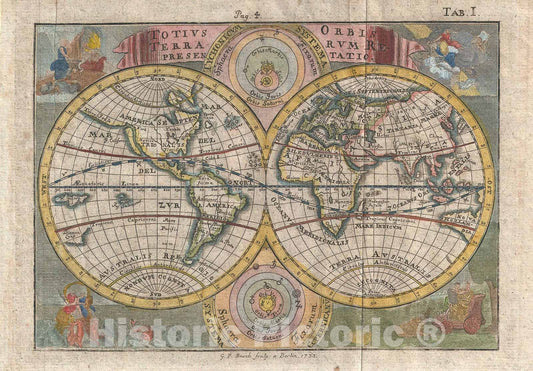 Historic Map : The World in Hemispheres, Busch, 1733, Vintage Wall Art