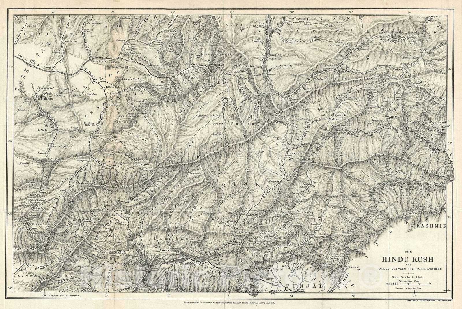 Historic Map : The Hindu Kush Mountains "Pakistan, Afghanistan", Stanford, 1879, Vintage Wall Art