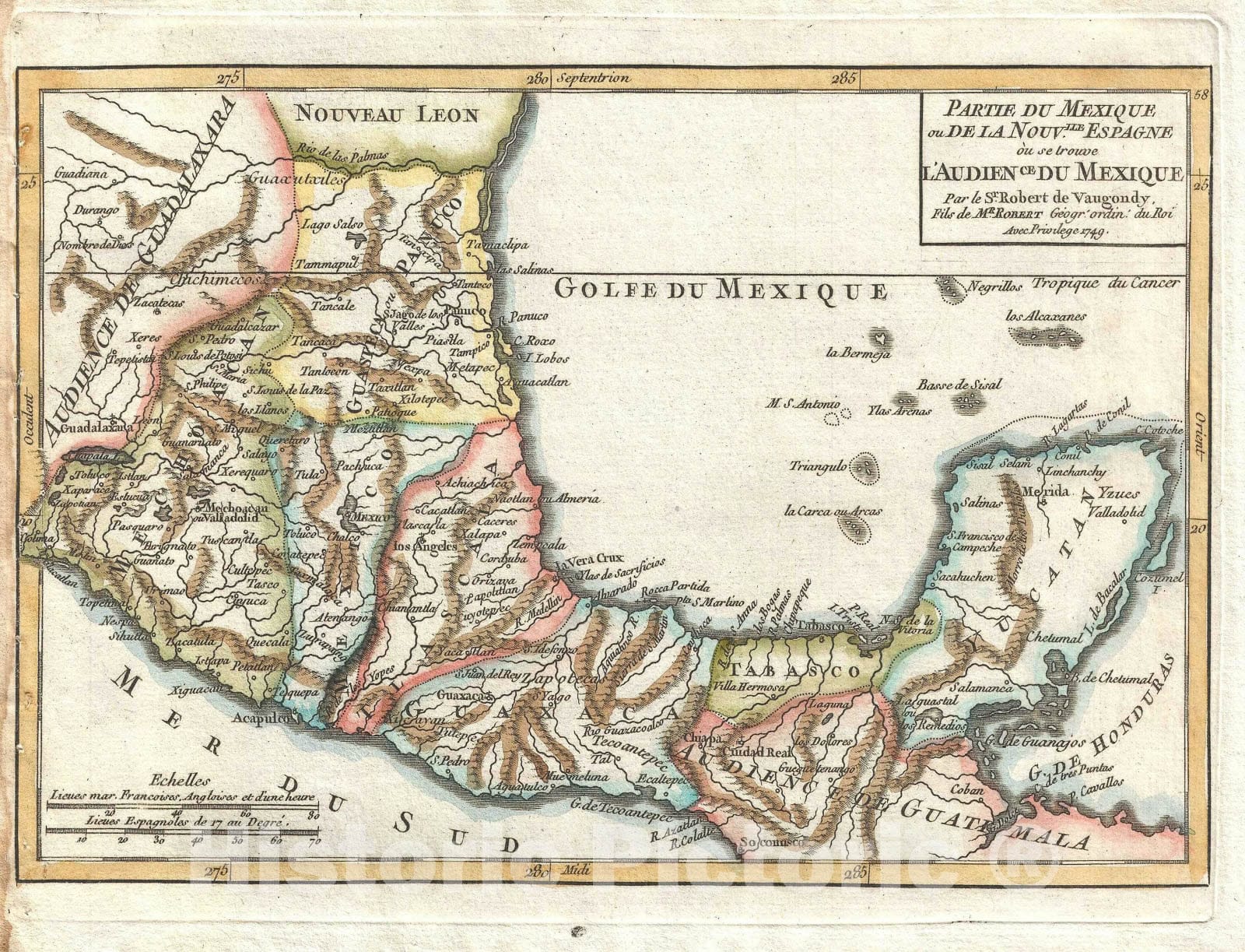 Historic Map : Mexico, Vaugondy, 1749, Vintage Wall Art