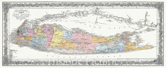 Historic Map : Long Island, New York, Colton Traveller's, 1857, Vintage Wall Art