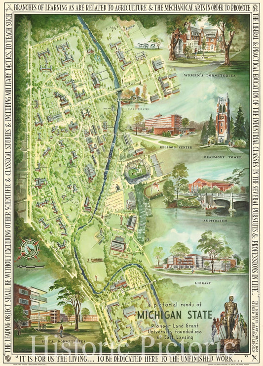 Historic Map : Johnson Pictorial Map of Michigan State University, 1955, Vintage Wall Art