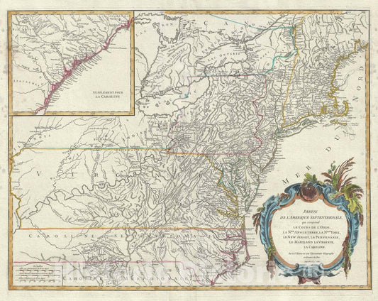 Historic Map : New York, Ohio, Pensylvania, Virginia, and Carolina, Vaugondy, 1755, Vintage Wall Art