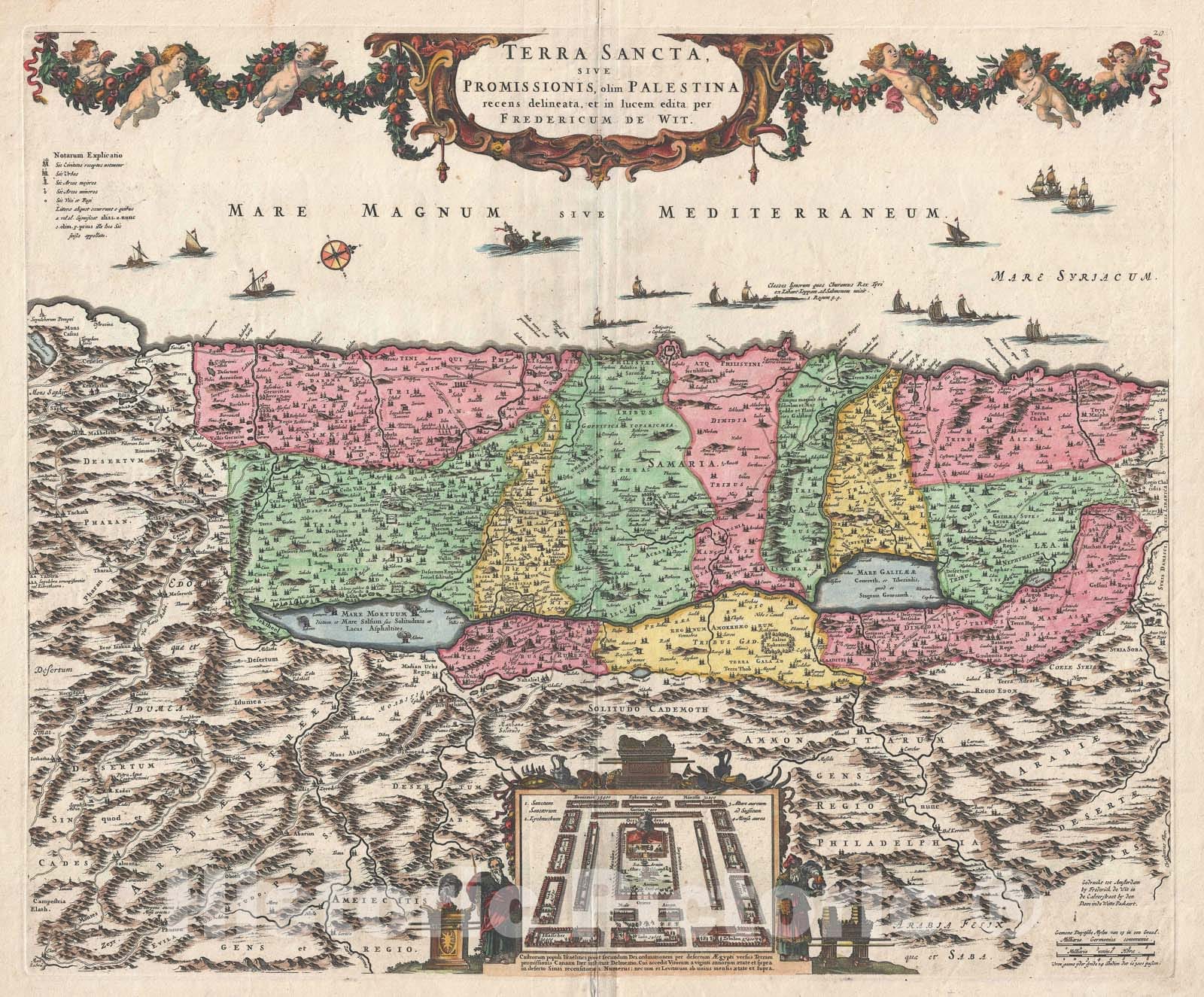 Historic Map : Israel, Palestine, or The Holy Land, De Wit, 1670, Vintage Wall Art