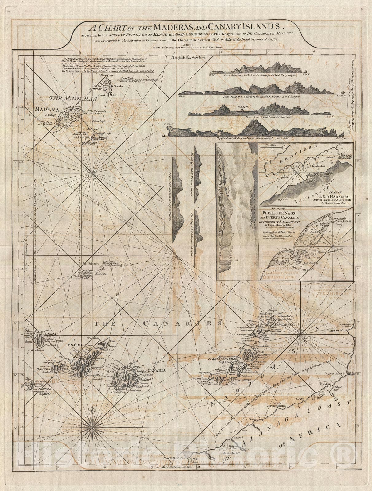 Historic Map : Nautical Chart Maderia and The Canary Islands, Laurie and Whittle, 1794, Vintage Wall Art