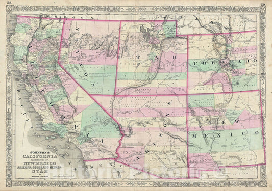 Historic Map : California, Nevada, New Mexico, Arizona, Colorado and Utah, Johnson, 1863, Vintage Wall Art
