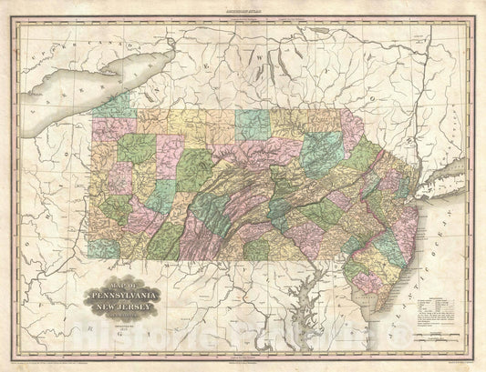 Historic Map : Pennsylvania and New Jersey, Tanner, 1825, Vintage Wall Art