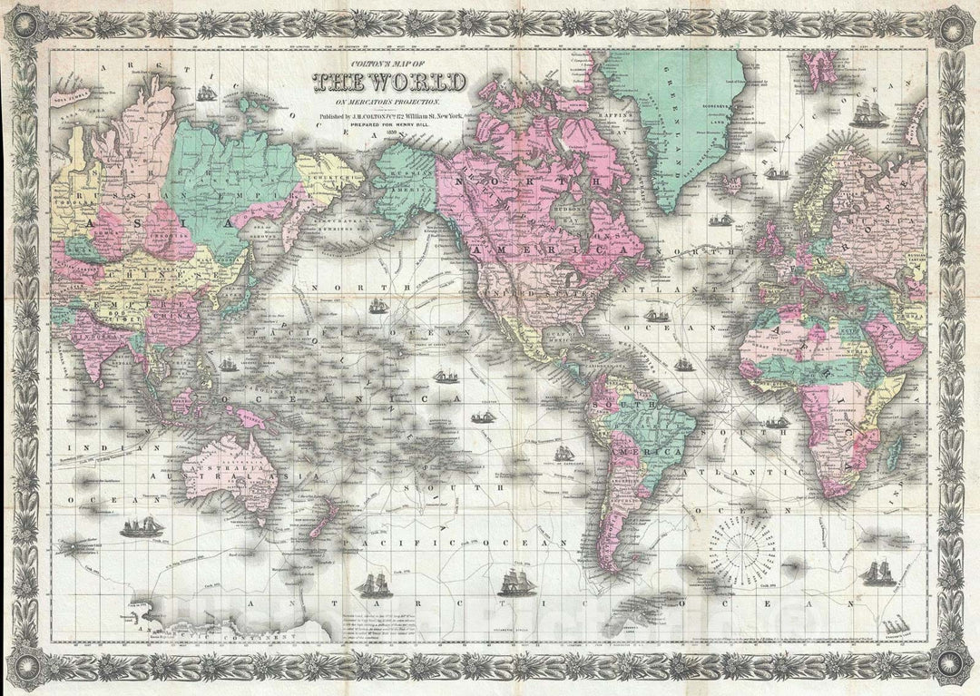 Historic Map : The World on Mercator's Projection "Pocket Map", Colton, 1859, Vintage Wall Art