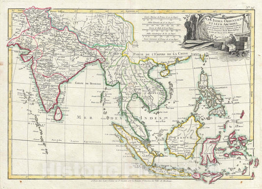 Historic Map : India, Southeast Asia and The East Indies "Thailand, Borneo, Singapore", Bonne, 1783, Vintage Wall Art