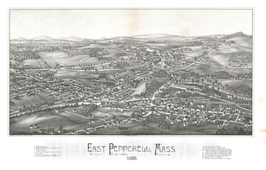 Historic Map : Bird's Eye View East Pepperell, Massachusetts, Burleigh, 1886, Vintage Wall Art