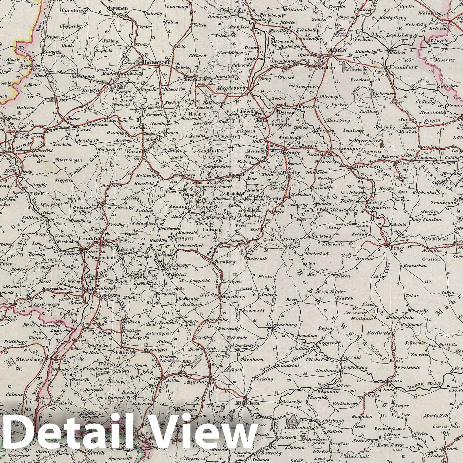 Historic Map : Germany's Roads and Railways, Perthes, 1854, Vintage Wall Art