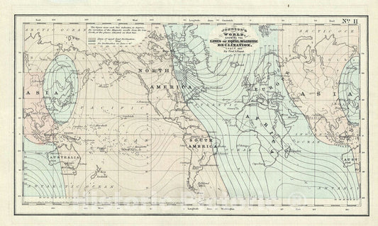 Historic Map : The World's Magnetic Curves, Johnson, 1858, Vintage Wall Art