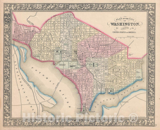 Historic Map : Plan of Washington D. C., Mitchell, 1864 v2, Vintage Wall Art