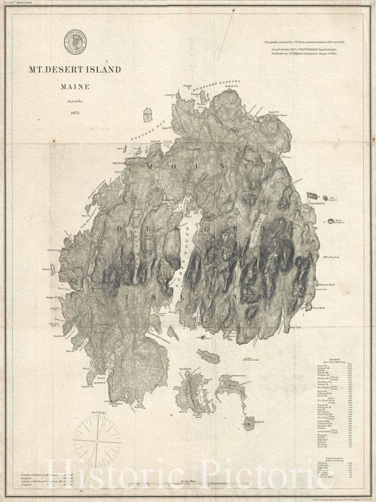 Historic Map : Mount Desert Island, Maine, U.S. Coast Survey, 1875, Vintage Wall Art