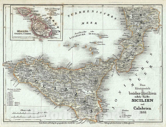 Historic Map : Southern Italy "Sicily and Southern Naples", Meyer, 1852, Vintage Wall Art