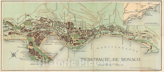 Historic Map : The Principality of Monaco, Fissore and Danoy, 1943, Vintage Wall Art