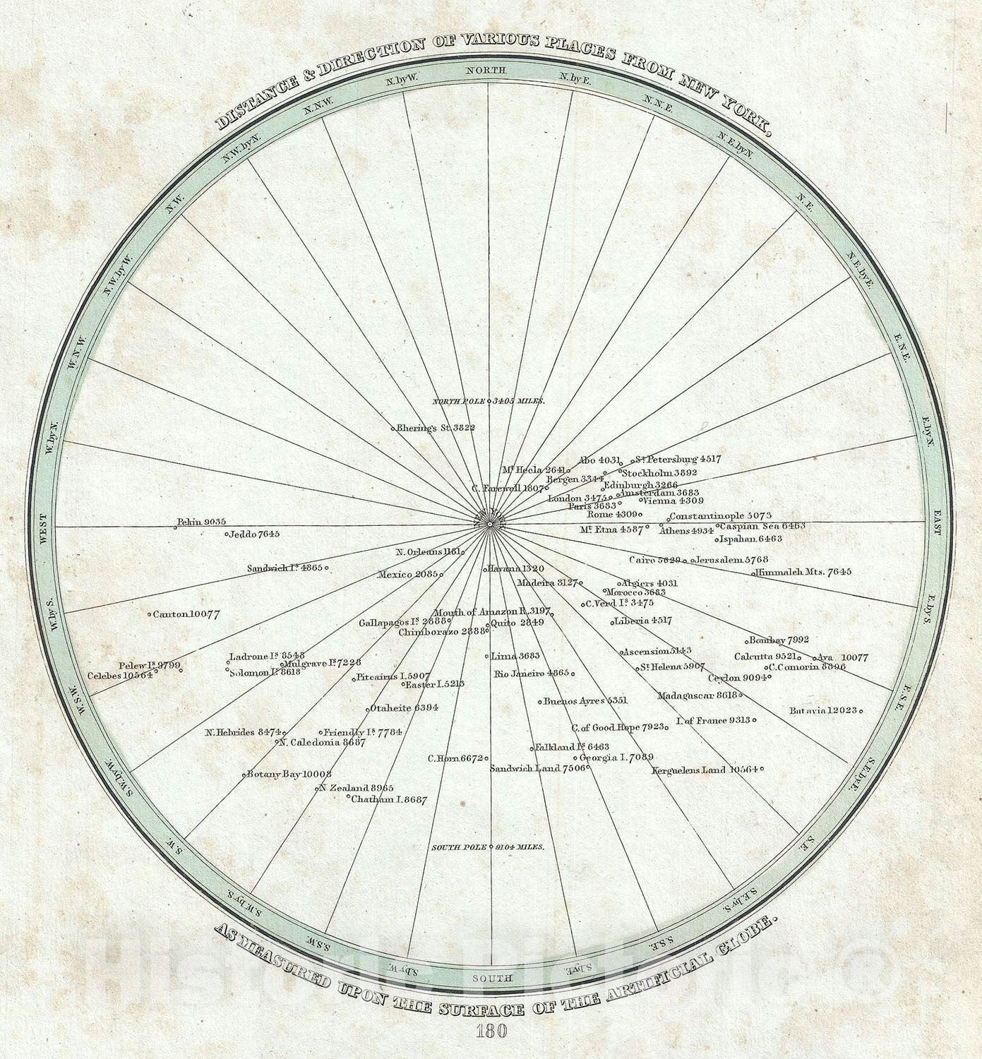 Historic Map : The Distances of The World's Principal Cities from New York, BraArtd, 1835, Vintage Wall Art