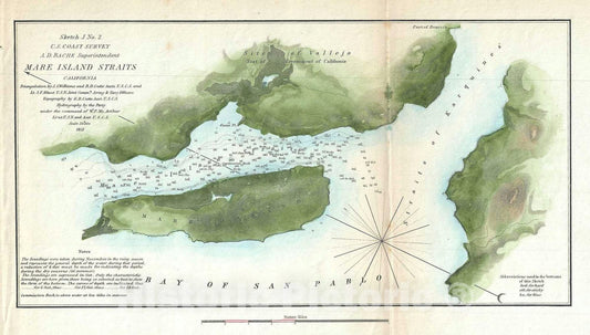 Historic Map : Nautical Chart Mare Island Strait, San Francisco Bay Area, California, U.S. Coast Survey, 1851, Vintage Wall Art