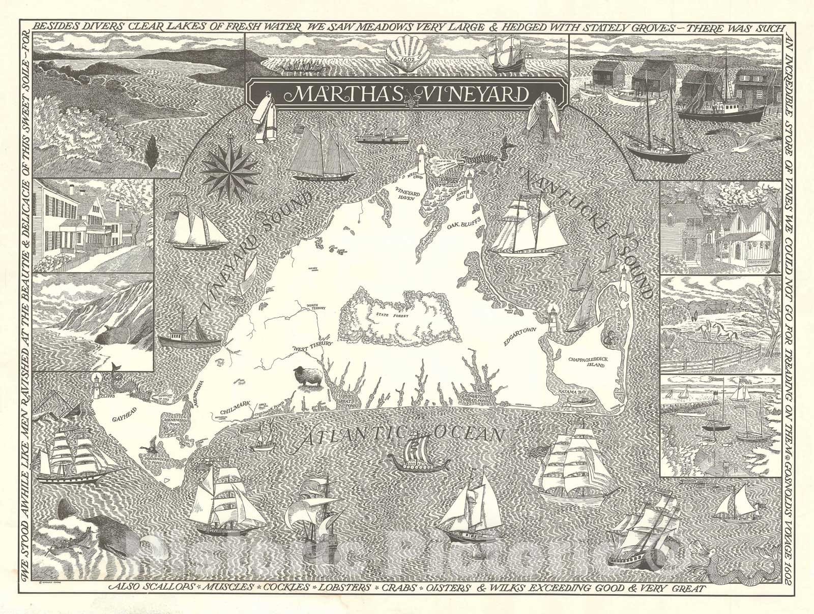Historic Map : Pictorial Map of Martha's Vineyard, Joerns, 1976, Vintage Wall Art