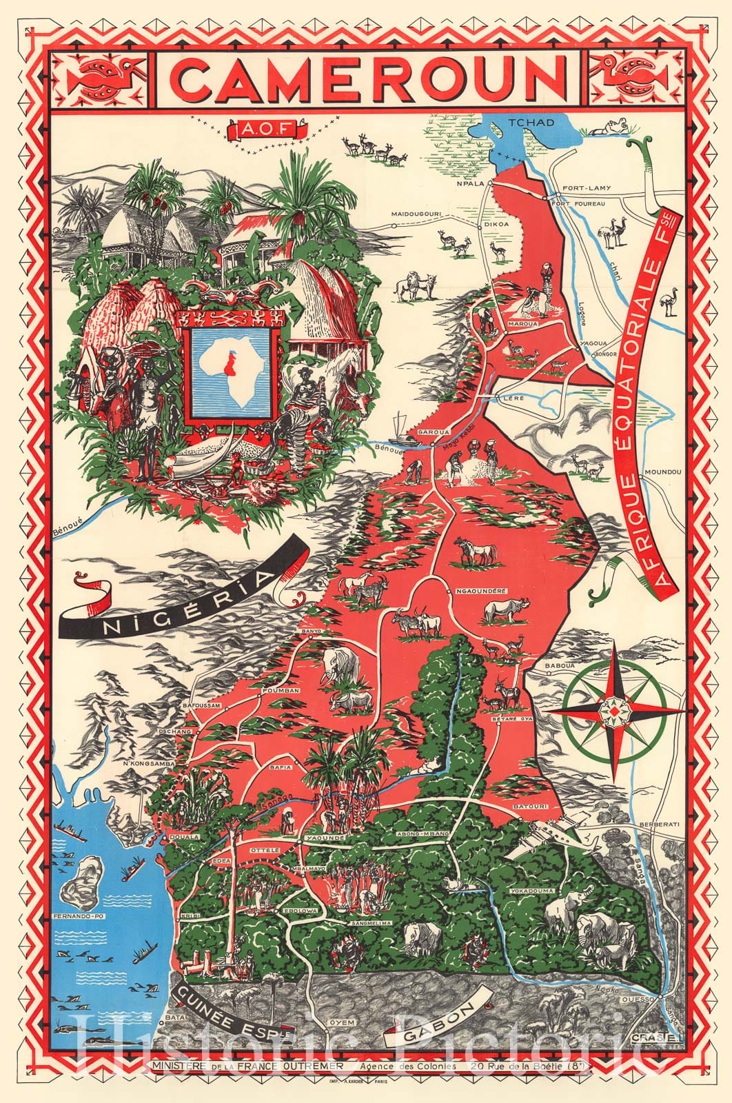 Historic Map : Craste Pictorial Map of Cameroon, 1950, Vintage Wall Art
