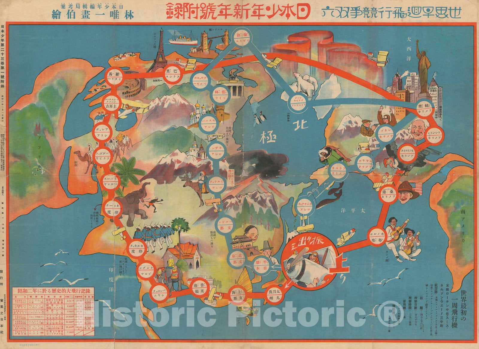 Historic Map : Nihon Shonen World Flight Sugoroku Game Map, 1927, Vintage Wall Art